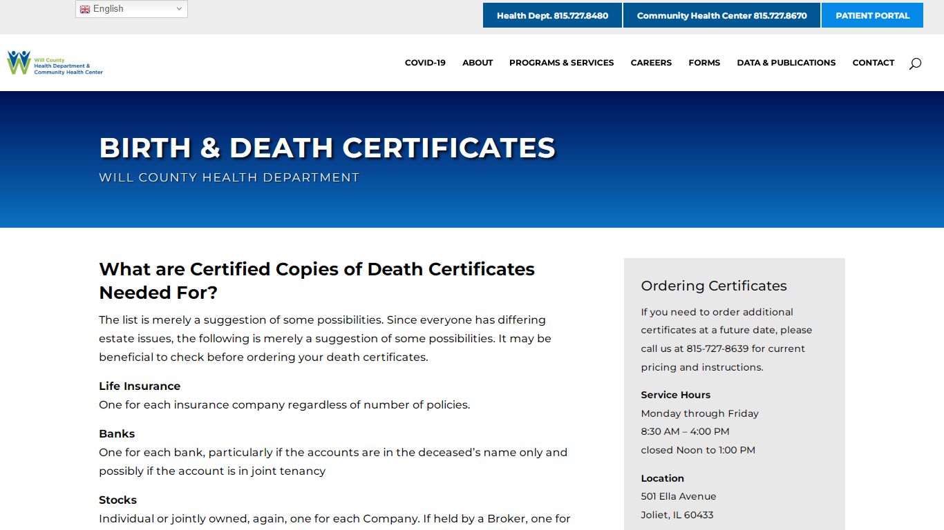 BIRTH & DEATH CERTIFICATES - Will County Health